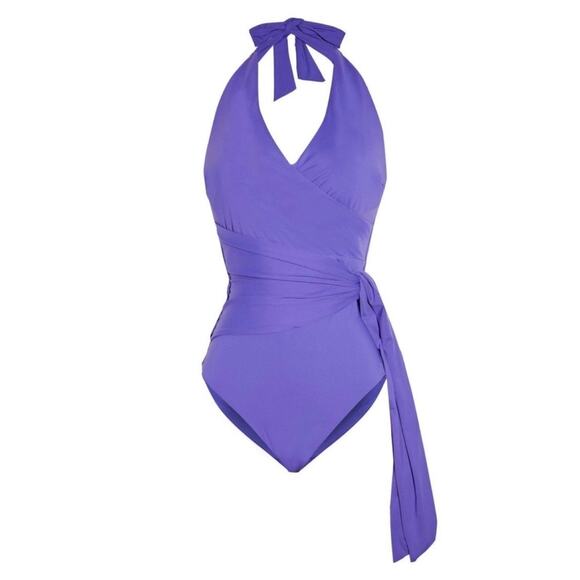 ONIA Elena One Piece Swimsuit Womens Small Purple Halter Wrap Waist Tie NEW - Picture 3 of 13